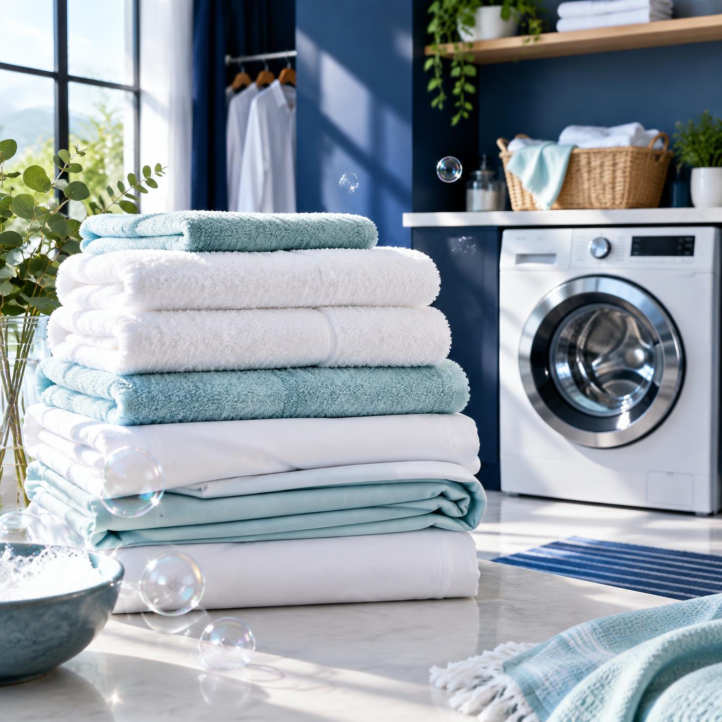 Freshly folded white and aqua laundry beside a washing machine
